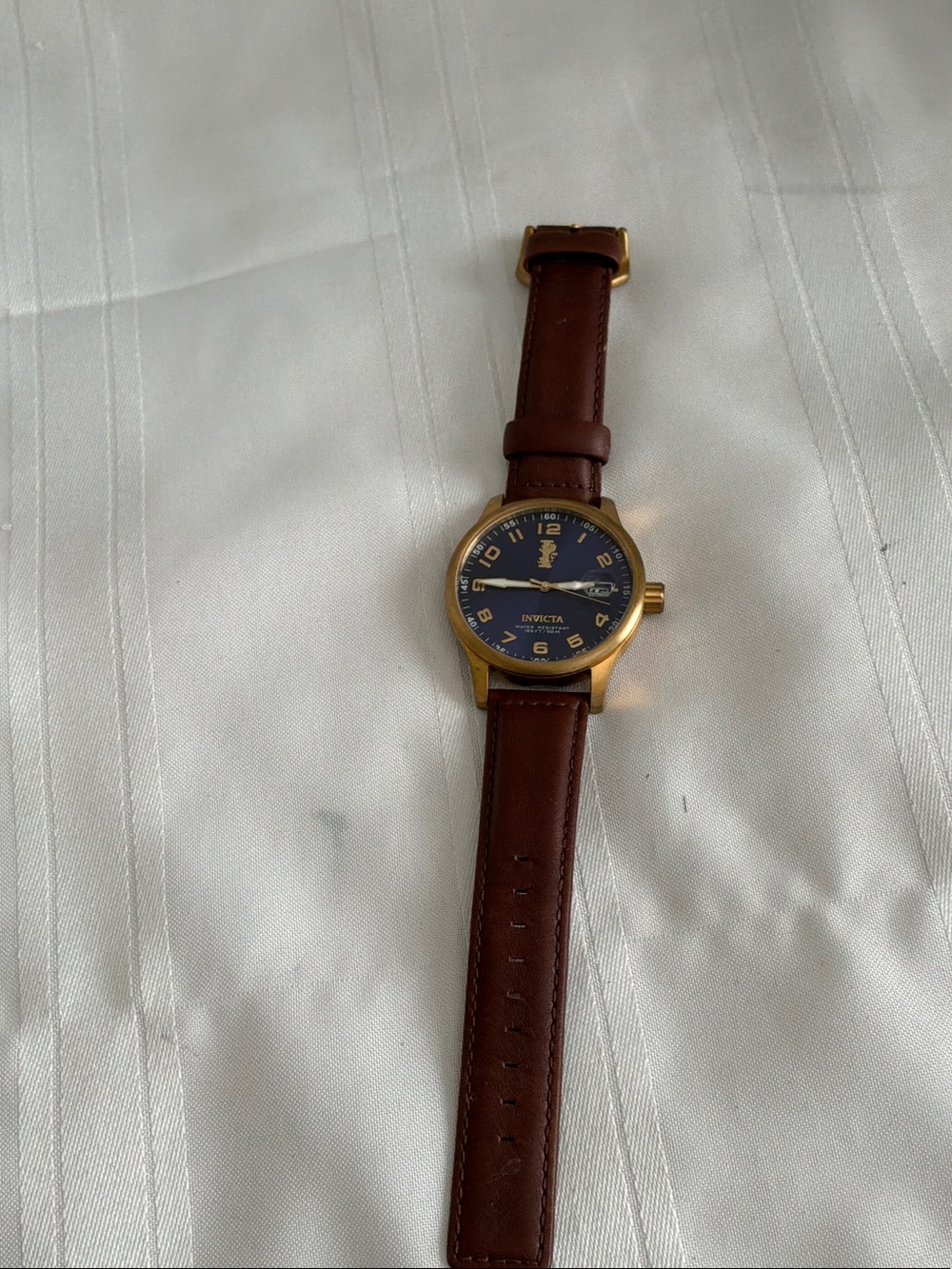 Invicta Gold-Tone Case Watch with Blue Dial and Brown Leather Strap need battery